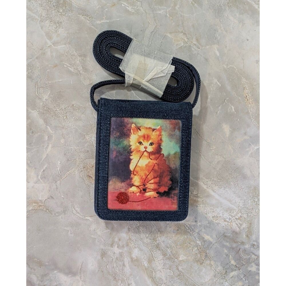 Denim wallet mini purse - Kitten and Shimmery Red 'Yarn' with removable strap